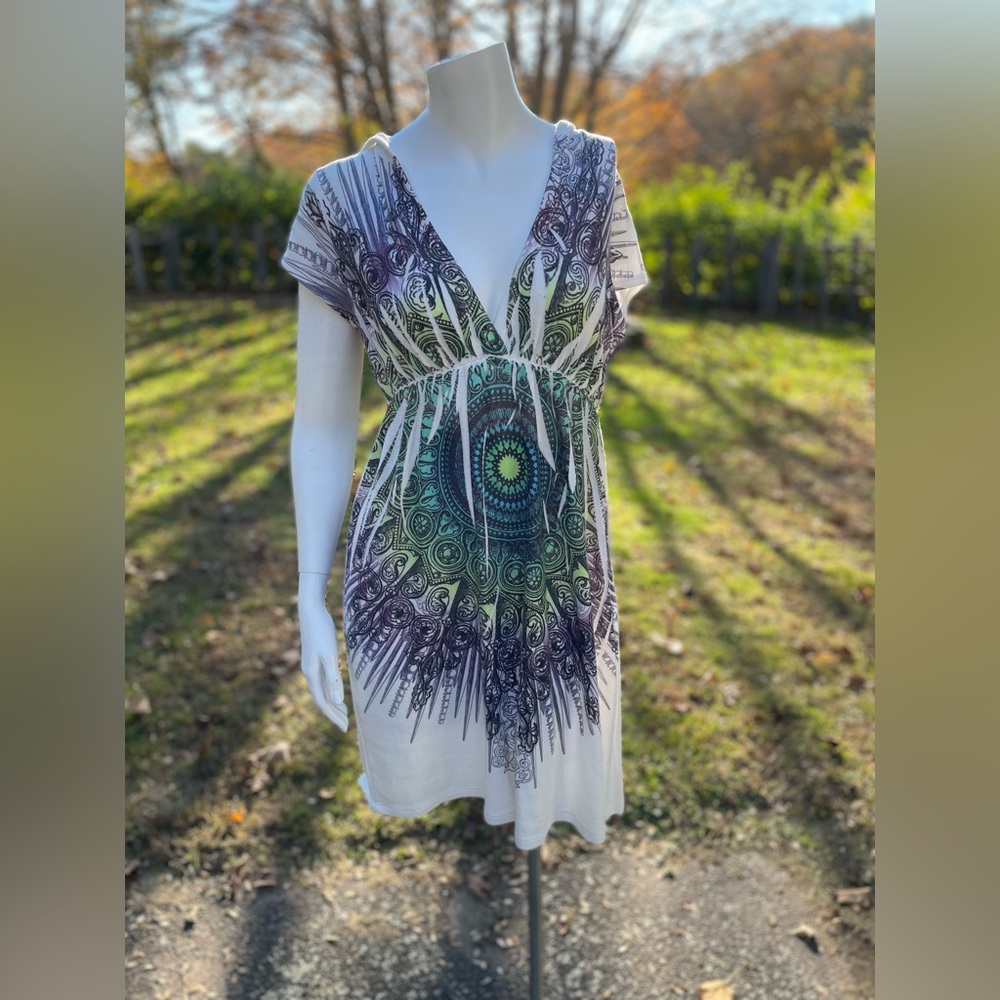 Rosebud Multi Color Dress, Size Medium, with Hood.